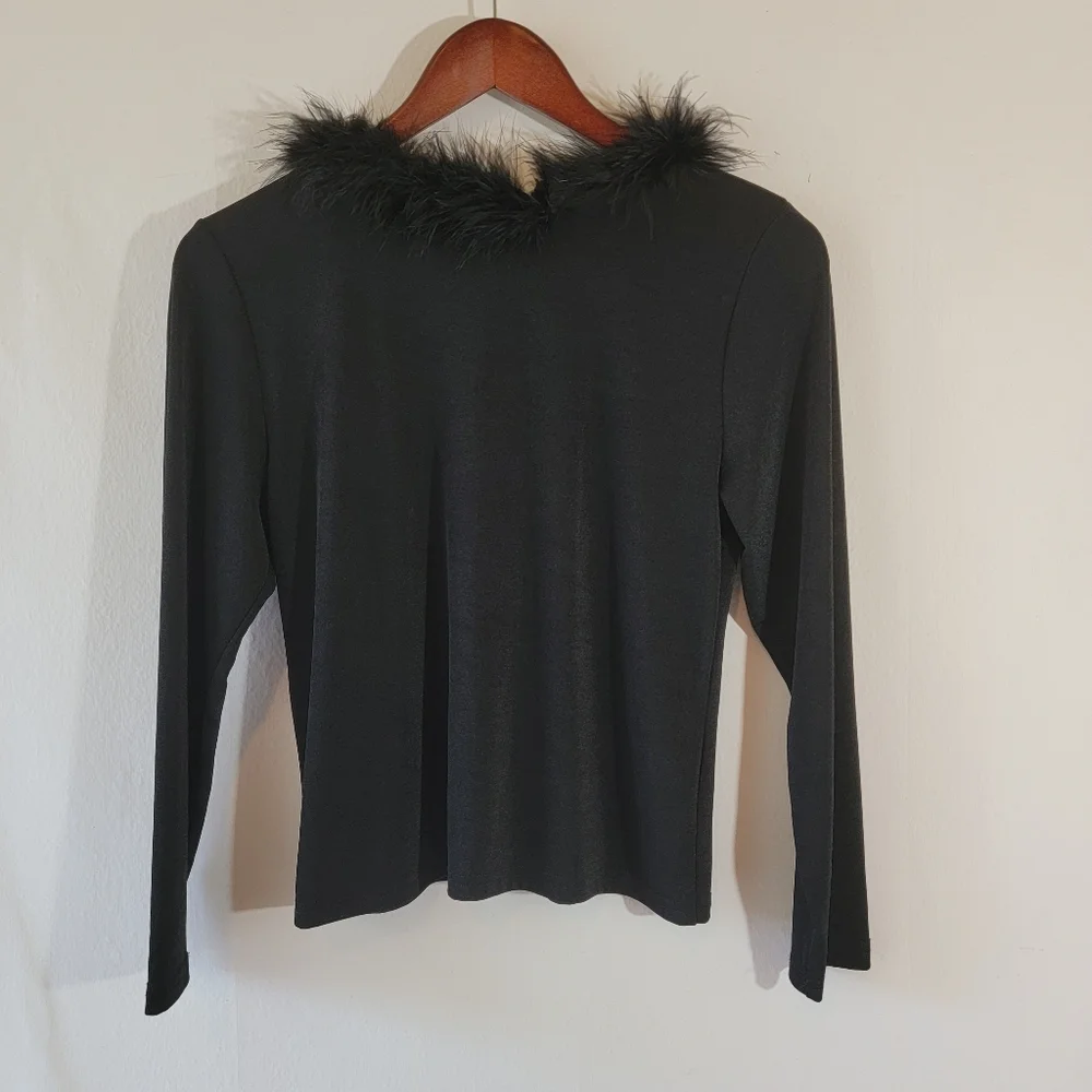 VTG Claudia Richard Black Faux Fur Trim Long Sleeve Top Sz MP Y2K Whimsigoth